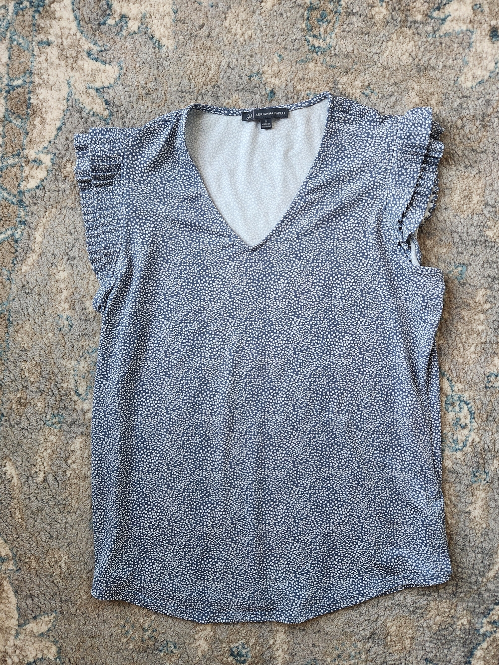 Adrianna Papell Navy & White Dotted V-Neck Flutter Sleeve Top